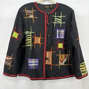Allure Size XL‎ Patchwork Jacket Art to Wear Colorful Plaid Button Front Black